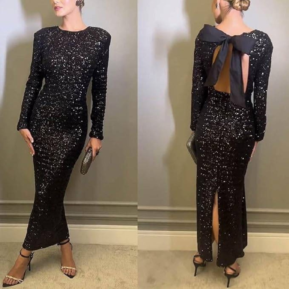 Commense Sequin Maxi Dress Long Sleeve Open Back Formal Gown Party Cocktail XL